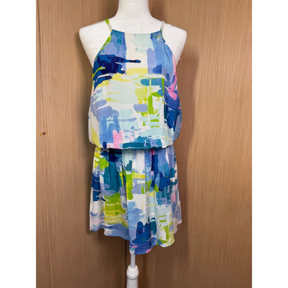 Tori Richard Silk Abstract Print Halter Mini Dress Blue Green Pink 10 7240/7446